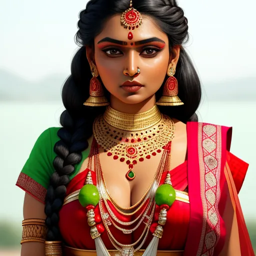 a woman in a red and green outfit with a necklace and earrings on her neck and chest, with a green and red saree, by Raja Ravi Varma