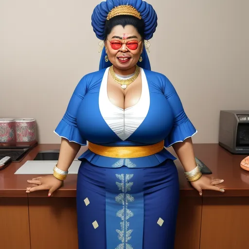 ai website that creates images - a woman in a blue dress and red glasses standing in front of a desk with a computer on it, by Studio Ghibli