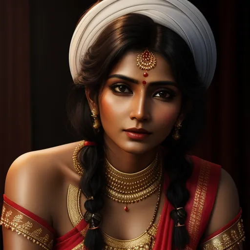 a woman in a red and gold outfit with a white turban on her head and a red and gold necklace, by Raja Ravi Varma