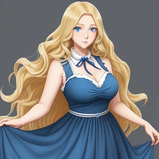 a cartoon girl with long blonde hair wearing a blue dress and a white collared shirt with a bow, by Toei Animations