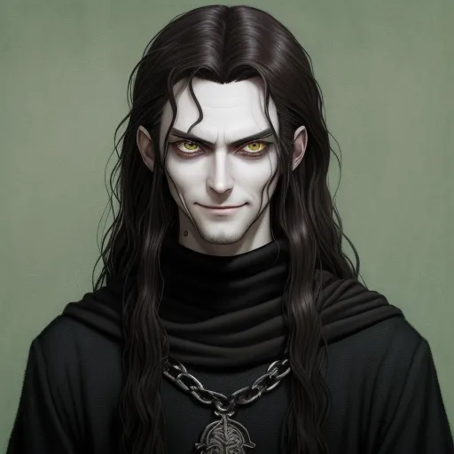 a man with long hair and green eyes wearing a black outfit and a chain necklace with a skull on it, by George Manson