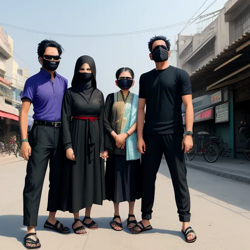 a group of people standing next to each other wearing masks on their faces and wearing sandals on their feet, by Chen Daofu