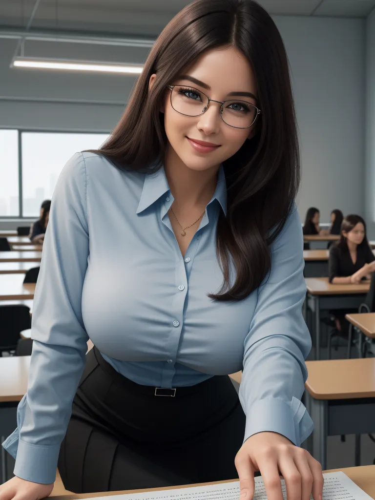 text to images ai - a woman in a blue shirt and black skirt is typing on a keyboard in a classroom with other people, by Terada Katsuya