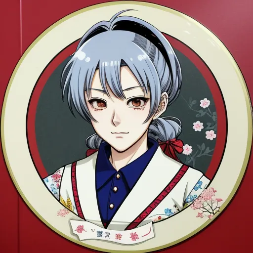 enhance image quality - a picture of a person with blue hair and a blue shirt and a flowered collar and a white and red tie, by Baiōken Eishun