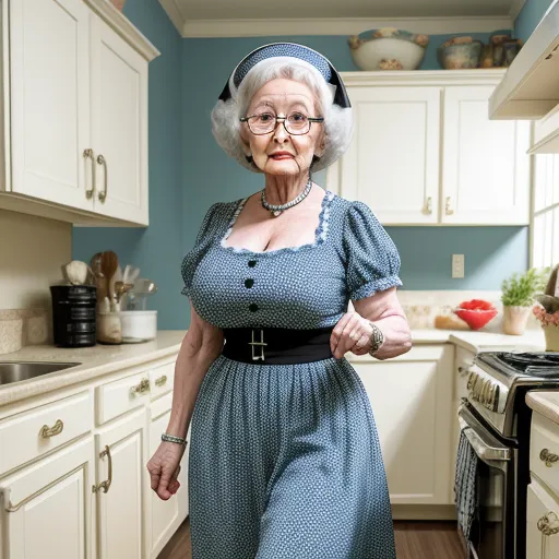 a woman in a blue dress standing in a kitchen next to a stove top oven and cabinets with white cabinets, by Cindy Sherman