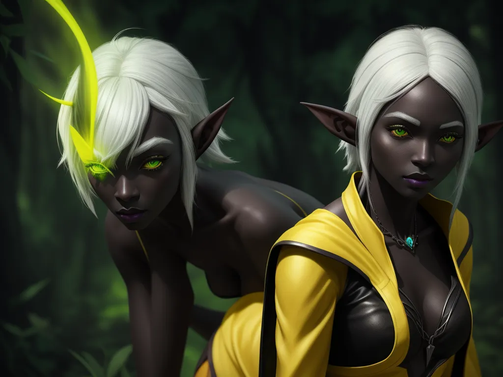 make image hd free - two women with green eyes and yellow hair are in the woods together, one is wearing a yellow dress, by Lois van Baarle