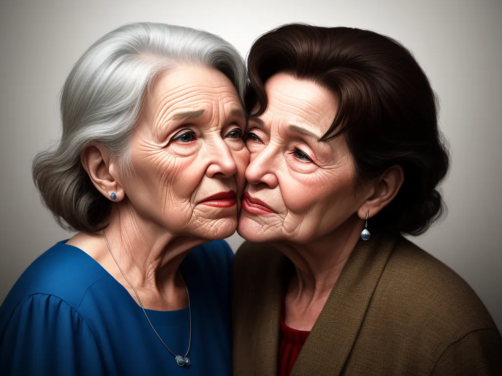 a painting of two women with their faces close together, one of them is kissing the other is looking at the camera, by Laurie Lipton