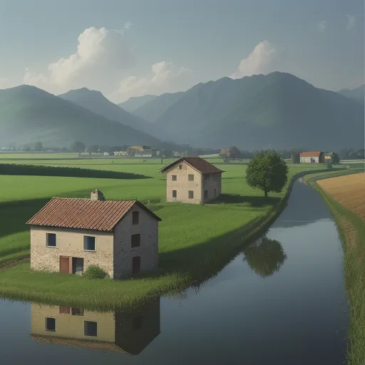 ai art wallpaper: a rural house with a course of water in pictorial