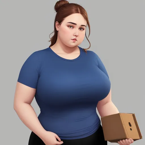 picture converter - a woman in a blue shirt holding a box and a brown box in her hand, with a gray background, by Lois van Baarle