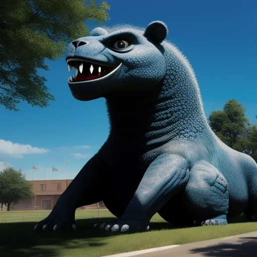 a large blue creature sitting on top of a lush green field next to a tree filled park area with a sky background, by Botero