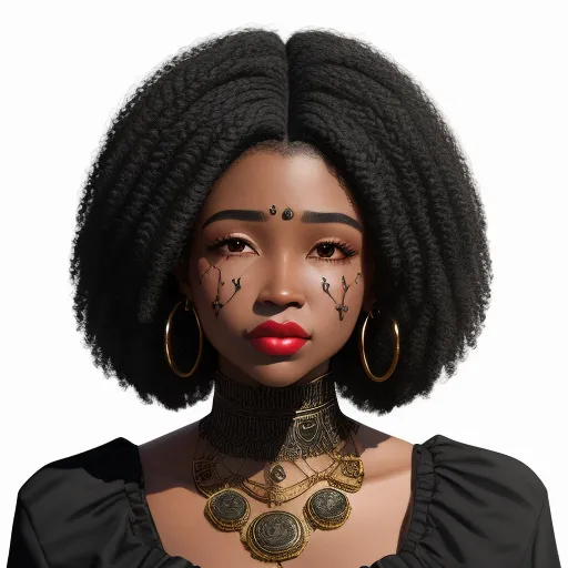a woman with a black face and a necklace with gold jewelry on her neck and a black dress with a black collar, by Billie Waters