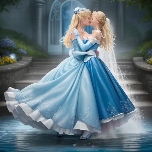 convert to 4k photo - a painting of a couple kissing in front of a castle entrance with a fountain in the foreground and a blue dress on the ground, by Hanna-Barbera