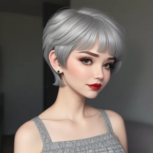 ai text image generator - a woman with grey hair and red lipstick wearing a grey dress and earrings with a red lip ring on her left hand, by Sailor Moon