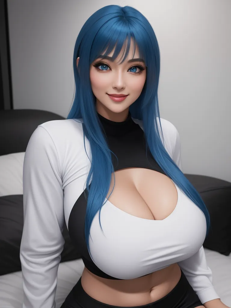 ai create image from text - a woman with blue hair and a black top posing for a picture in a bed room with a black and white bed, by Akira Toriyama