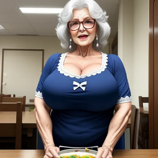 a woman with glasses holding a plate of food in front of her face and a cake in front of her, by Hayao Miyazaki