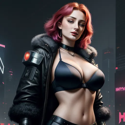 image ai generator from text - a woman in a black bra top and leather jacket with a futuristic city background in the background, with a neon pink hair, by Terada Katsuya