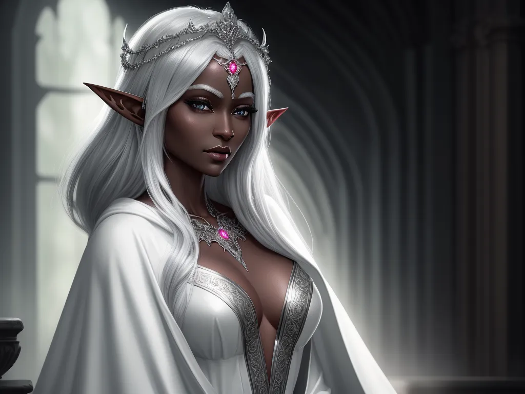 ai generated images from text - a white elf with long white hair and a tiara on her head and chest, standing in a dark room, by Daniela Uhlig