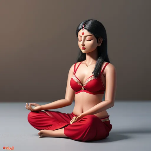 a woman in a red bra top and red pants sitting in a yoga position with her eyes closed and eyes closed, by Terada Katsuya