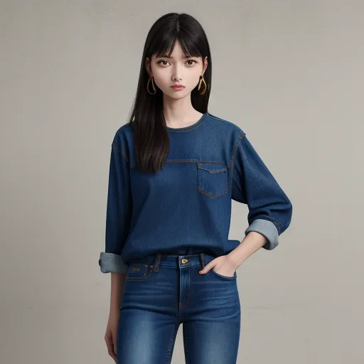 hd quality picture - a woman in a blue top and jeans posing for a picture with her hands on her hips and her hands on her hips, by Chen Daofu