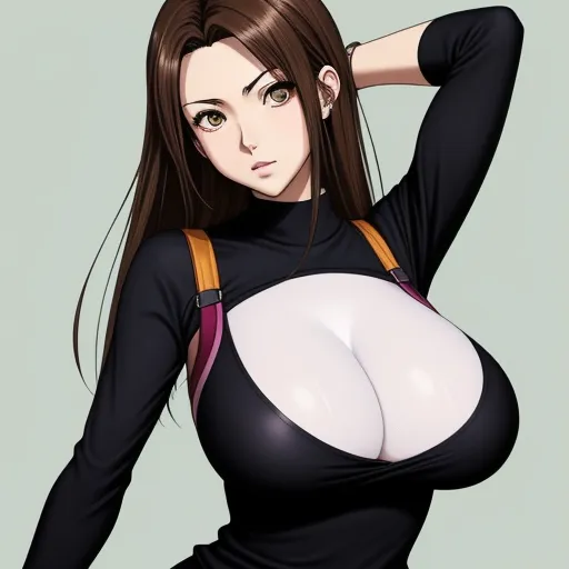 image increase resolution - a cartoon girl with big breast and a black top on her chest and a brown suspender on her chest, by Akira Toriyama