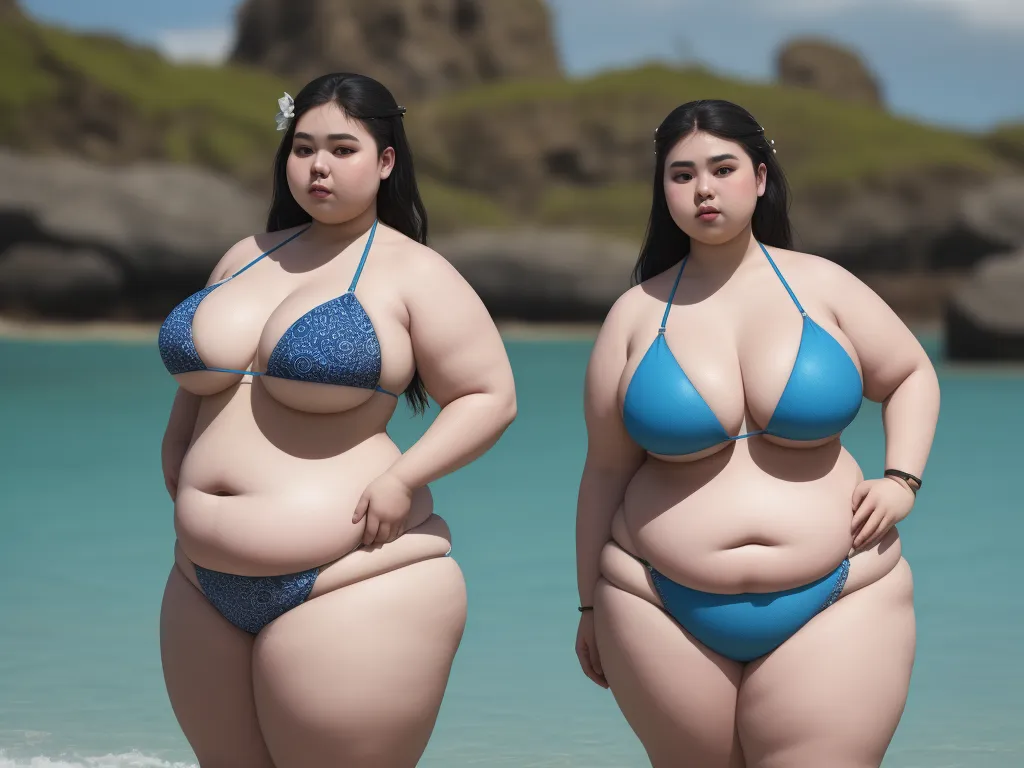 highest resolution image - two fat women in bikinis standing in the water near the beach, one of them is wearing a blue bikini, by Terada Katsuya