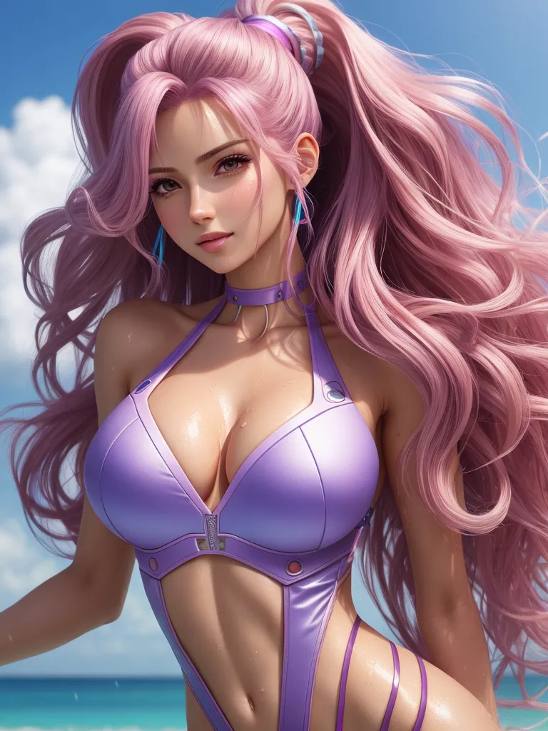 how to make image higher resolution - a very pretty girl with pink hair and a bikini on the beach with a blue sky in the background, by Akira Toriyama