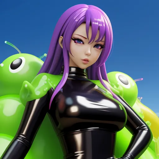 a cartoon character with purple hair and black catsuits standing next to green alien like creatures in a blue sky, by Terada Katsuya