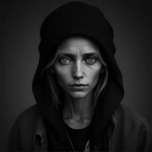 image quality lower - a woman with a hoodie on and eyes wide open, staring at the camera, with a serious look on her face, by Anton Semenov