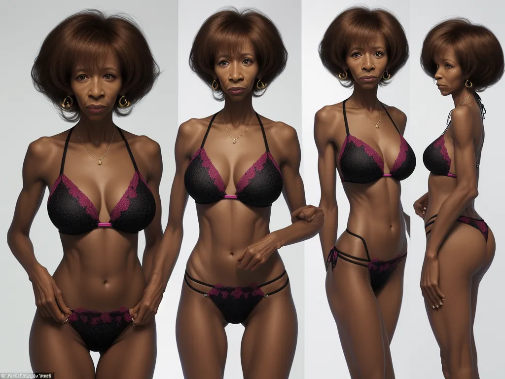 free ai text to image generator - a woman in a bikini and panties poses for a picture in three different poses, both of which are very large, by Terada Katsuya