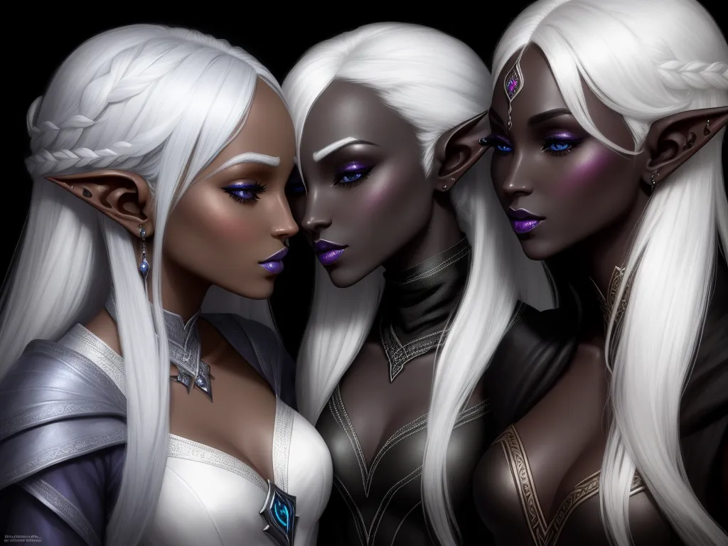 ai image upscaling - three white haired women with blue eyes and white hair, one with blue eyes and one with white hair, by Lois van Baarle