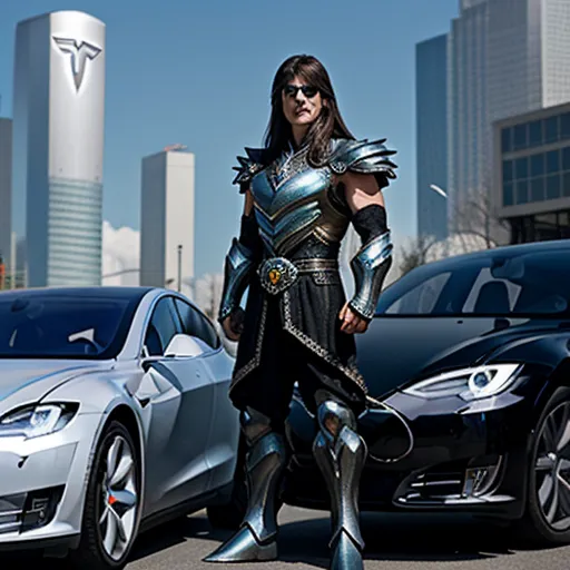 a woman in a costume standing next to a car in a city street with a futuristic suit on and a futuristic car in the background, by Kent Monkman