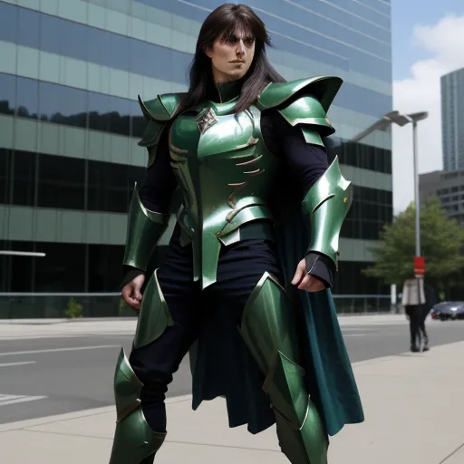 a woman in a green and black costume standing on a sidewalk in front of a building with a large glass window, by Sailor Moon