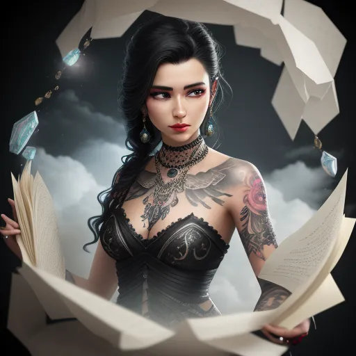 turn a picture into high resolution - a woman with a tattoo holding a book in her hands and a sky background behind her with clouds and a diamond, by Tom Bagshaw