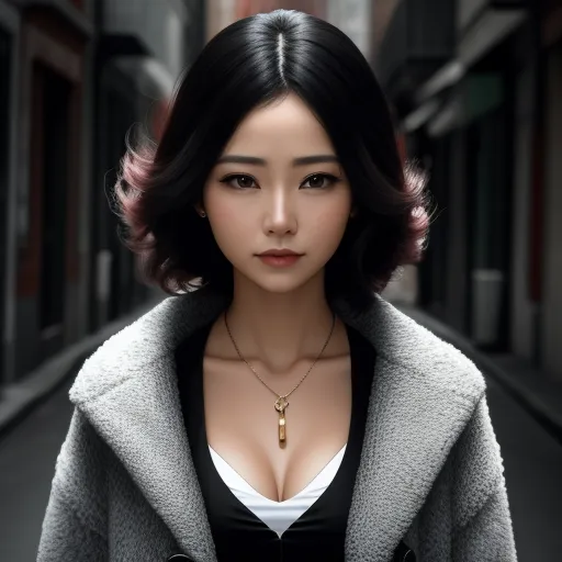 ai based photo editor - a woman with a black and white outfit and a coat on a street with buildings in the background and a gold cross necklace, by Chen Daofu