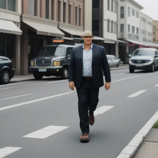 a man in a suit and hat walking down a street in a city with cars parked on both sides, by Dan Smith