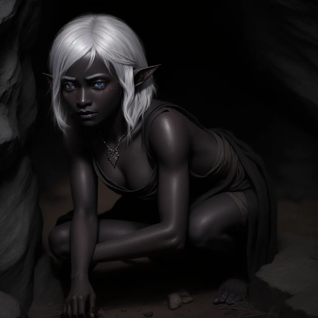 a woman with white hair and blue eyes is kneeling in a cave with rocks and rocks on the ground, by Daniela Uhlig