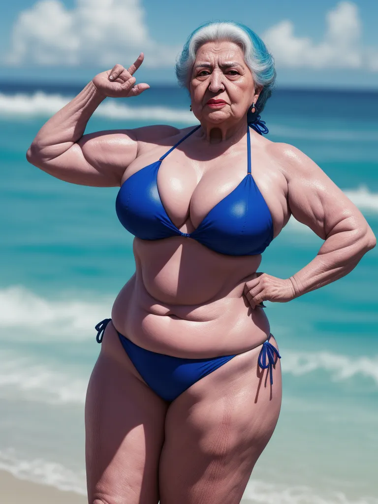 a woman in a blue bikini standing on a beach with her hands in her hair and a big breast, by Hendrik van Steenwijk I