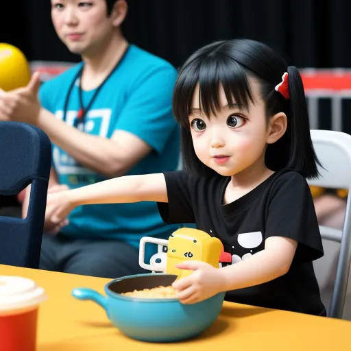 a little girl is playing with a bowl of food while a man watches from behind her on a yellow table, by Yoshiyuki Tomino