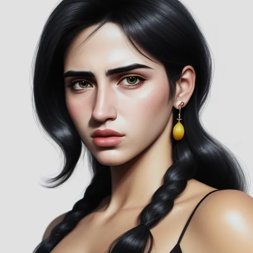 a woman with long black hair wearing a black dress and yellow earrings with a white background and a white backdrop, by Lois van Baarle