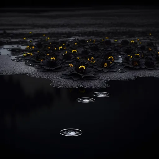 a black and white photo of flowers in water and a black background with yellow flowers in the water and a black background with a black border, by Benoit B. Mandelbrot