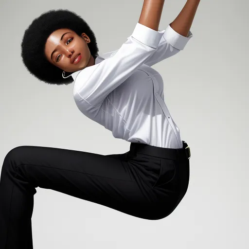 convert photo to high resolution - a woman in a white shirt and black pants is doing a dance pose with her arms up in the air, by Barkley L. Hendricks