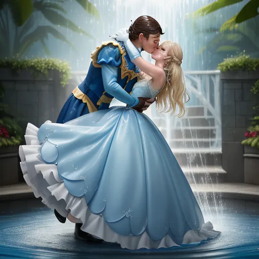pixel to inches conversion - a man and woman kissing in a blue dress on a fountain with a waterfall behind them and a blue dress on the bottom, by Hanna-Barbera