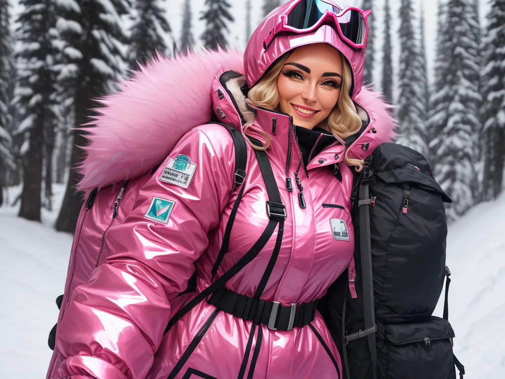 how to change image resolution - a woman in a pink jacket and goggles in the snow with a backpack on her back and a backpack on her shoulder, by David LaChapelle
