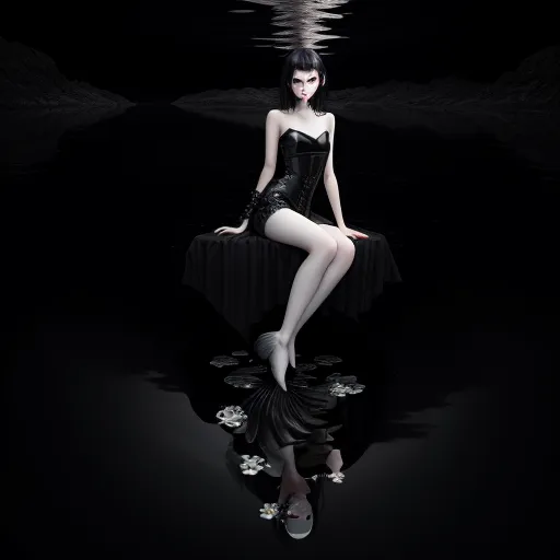 a woman in a black dress sitting on a table in the water with a black background and a reflection of her body, by Bella Kotak