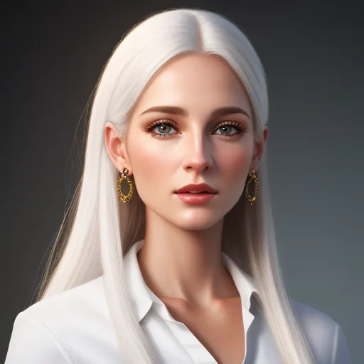 4k hd photo converter - a woman with long white hair wearing gold earrings and a white shirt with a black background is looking at the camera, by Daniela Uhlig