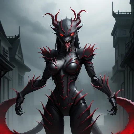 photo coverter - a demonic looking woman with red eyes and a black body with red horns and a demon like head, stands in a city, by Antonio J. Manzanedo