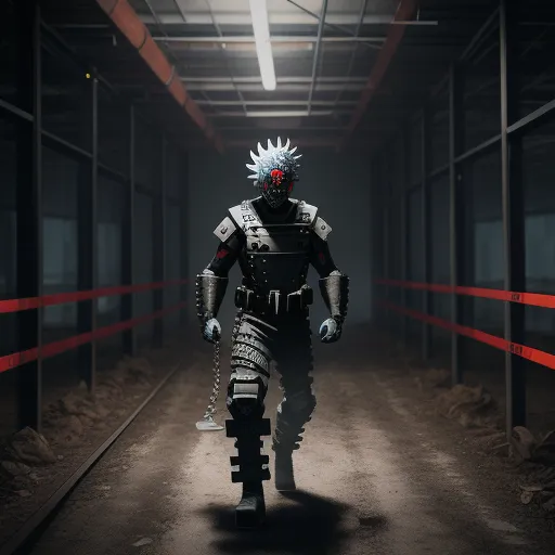 a robot walking down a dark hallway in a warehouse with red and black lines on the walls and a red and white stripe on the floor, by Terada Katsuya