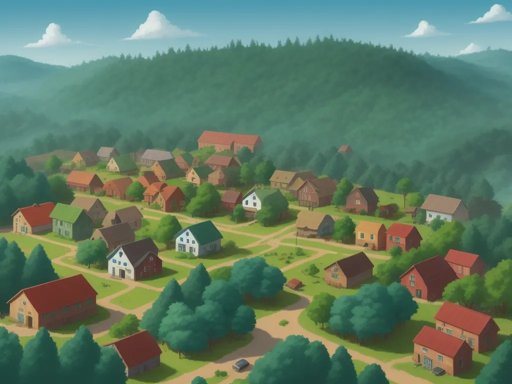 best ai picture generator - a cartoon town with a lot of houses and trees in the background and mountains in the background, and a few clouds in the sky, by Hayao Miyazaki