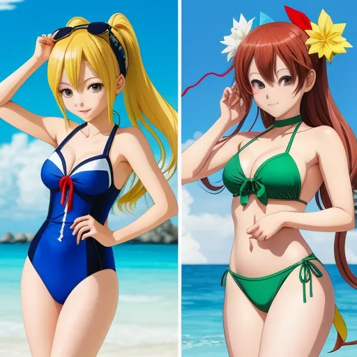 two anime girls in bikinis on the beach, one in a bikini and one in a bathing suit, by Toei Animations