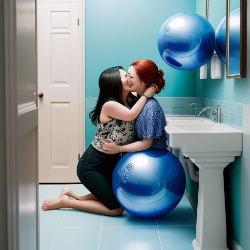 a woman hugging a man in a bathroom with a blue ball on the floor and a sink in the background, by Sandy Skoglund